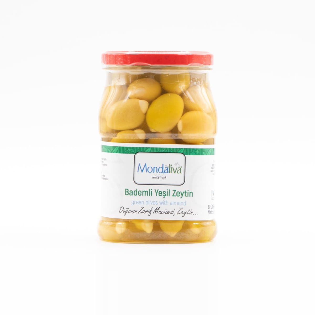 Bademli yeşil zeytin, cam kavanoz