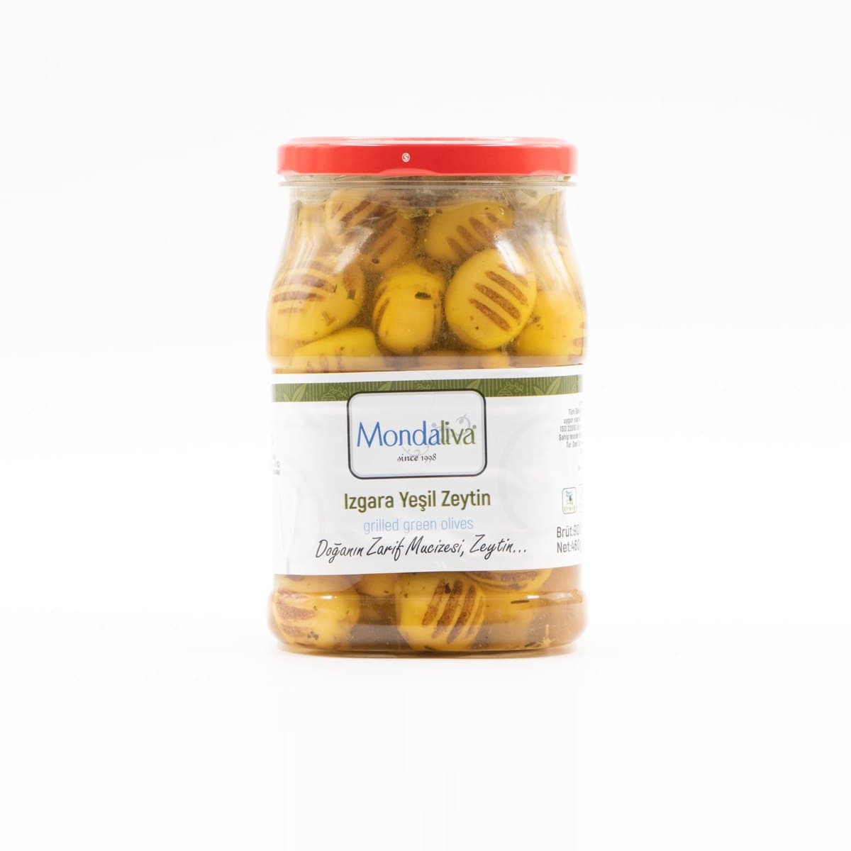Izgara yeşil zeytin, cam kavanoz